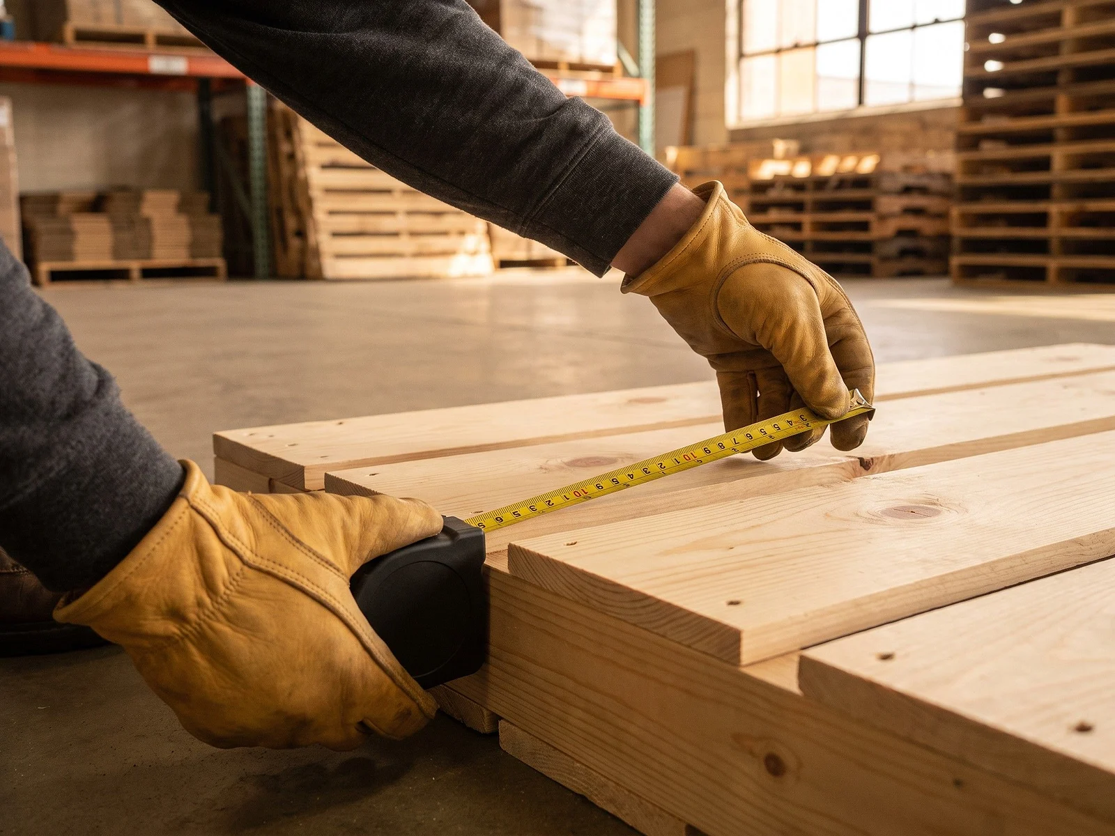 Manos con guantes midiendo una tarima de madera con un flexómetro