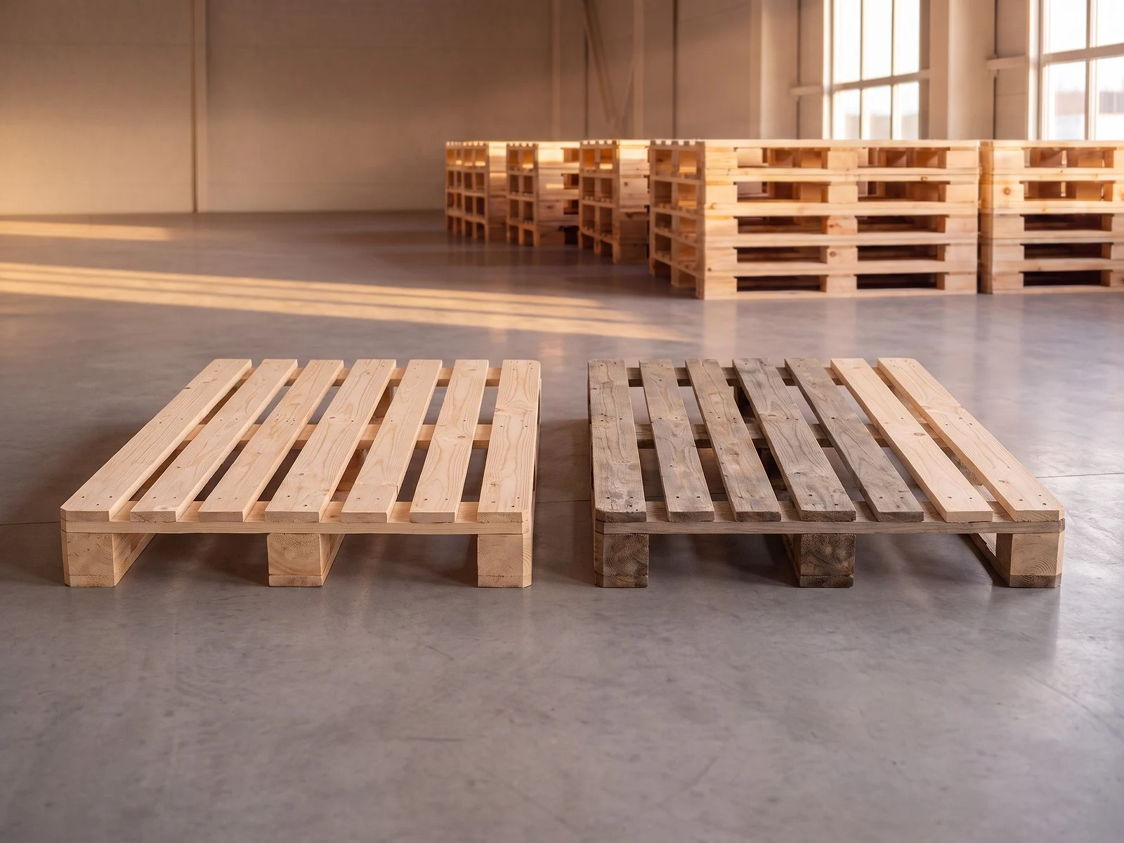 Una tarima de madera nueva junto a una reciclada en el piso de la bodega